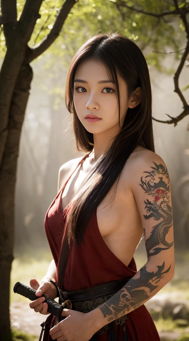 20Year、beautiful,、Cute Girls、warrior、dragon tattoo on arm、Hold the Japanese sword in front of your body、Draw and hold the sword、Sharp eyes、Red blood on cheeks、In the woods、
