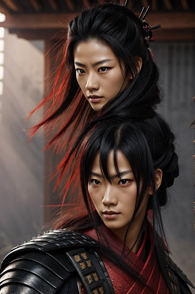 ((8k portrait of beautiful mixed asian female, side profile, masterpice, sidelighting)), long hair, detailed light samurai armor, ((blood red armor, black inner)), cinematic lighting, cherry blossoms, ash, melancholic, award winning photography, Popular on Deviant Art, Best of ArtStation, by WLOP, outdoor, oriental lighting