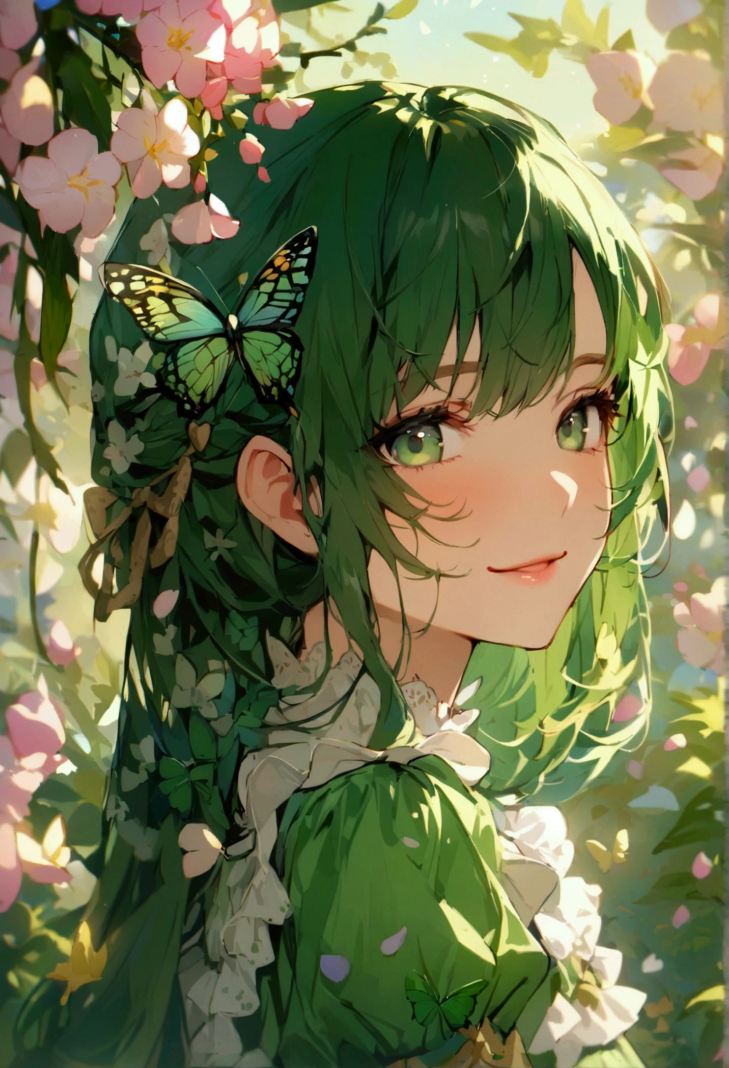 (masterpiece)、(best quality)、The face is rich in detail、Anime Girl、1 girl、Green Lolita Dress、Long hair、Lots of flowers、Butterfly、petal、Smile
