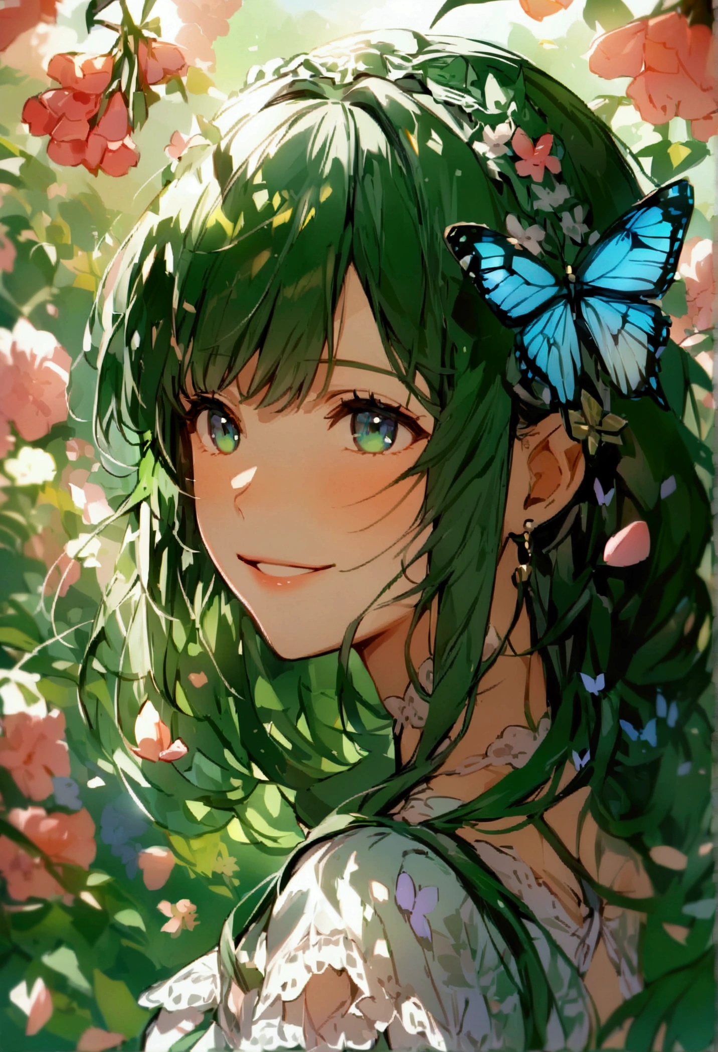 (masterpiece)、(best quality)、The face is rich in detail、Anime Girl、1 girl、Green ta Dress、Long hair、Lots of flowers、Butterfly、petal、Smile