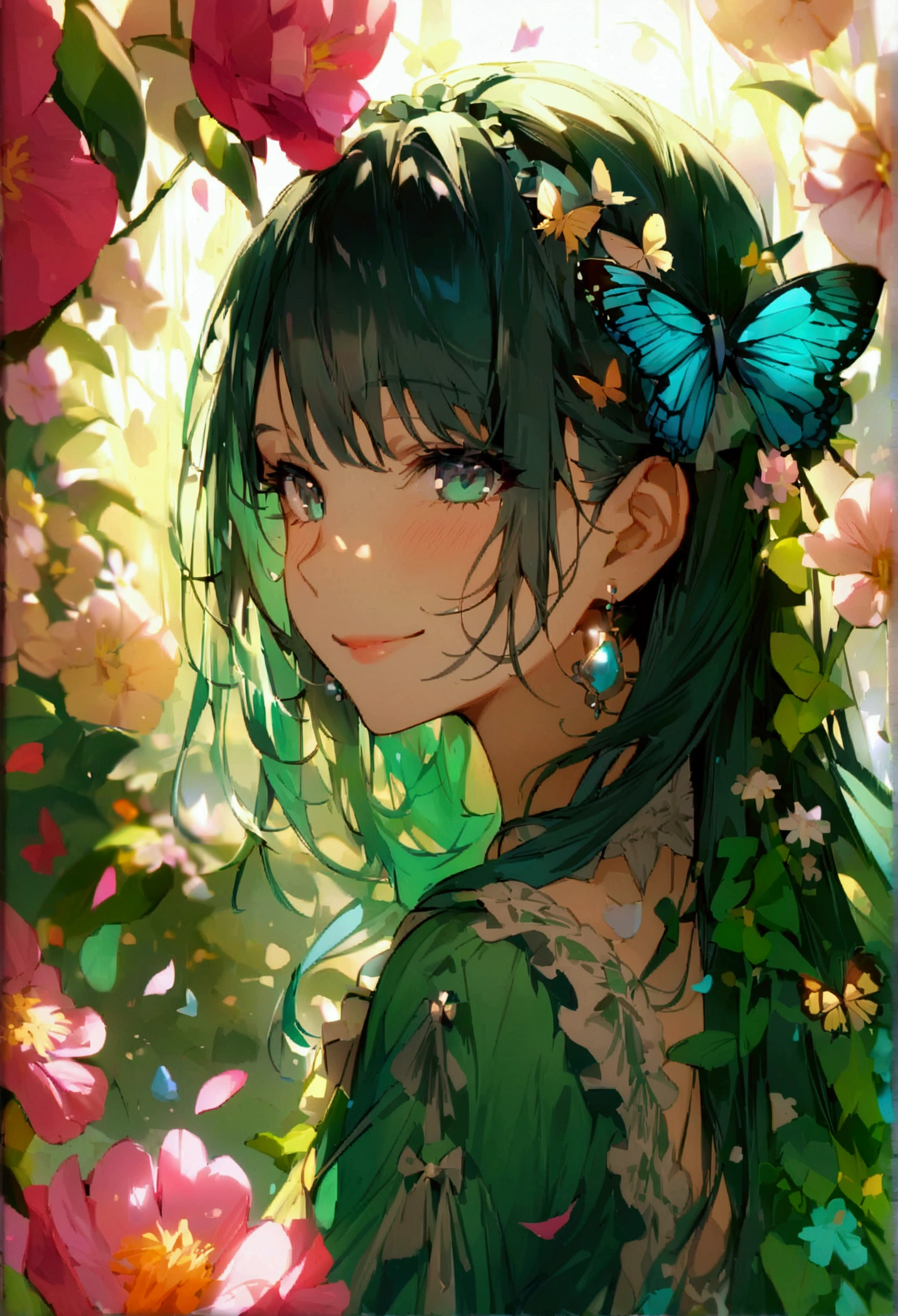 (masterpiece)、(best quality)、The face is rich in detail、Anime Girl、1 girl、Green Lolita Dress、Long hair、Lots of flowers、Butterfly、petal、Smile