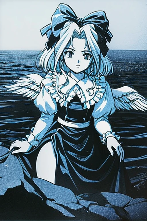 Black and white and blue and red,(Highest quality, Very detailed, High resolution, Very detailedCG),Wide Shot,Dead angels standing on the edge of a cliff,She is very beautiful,She loves blood and the sea,Rain of blood, Mysterious,Fanatics, Complex, Surreal,delicate