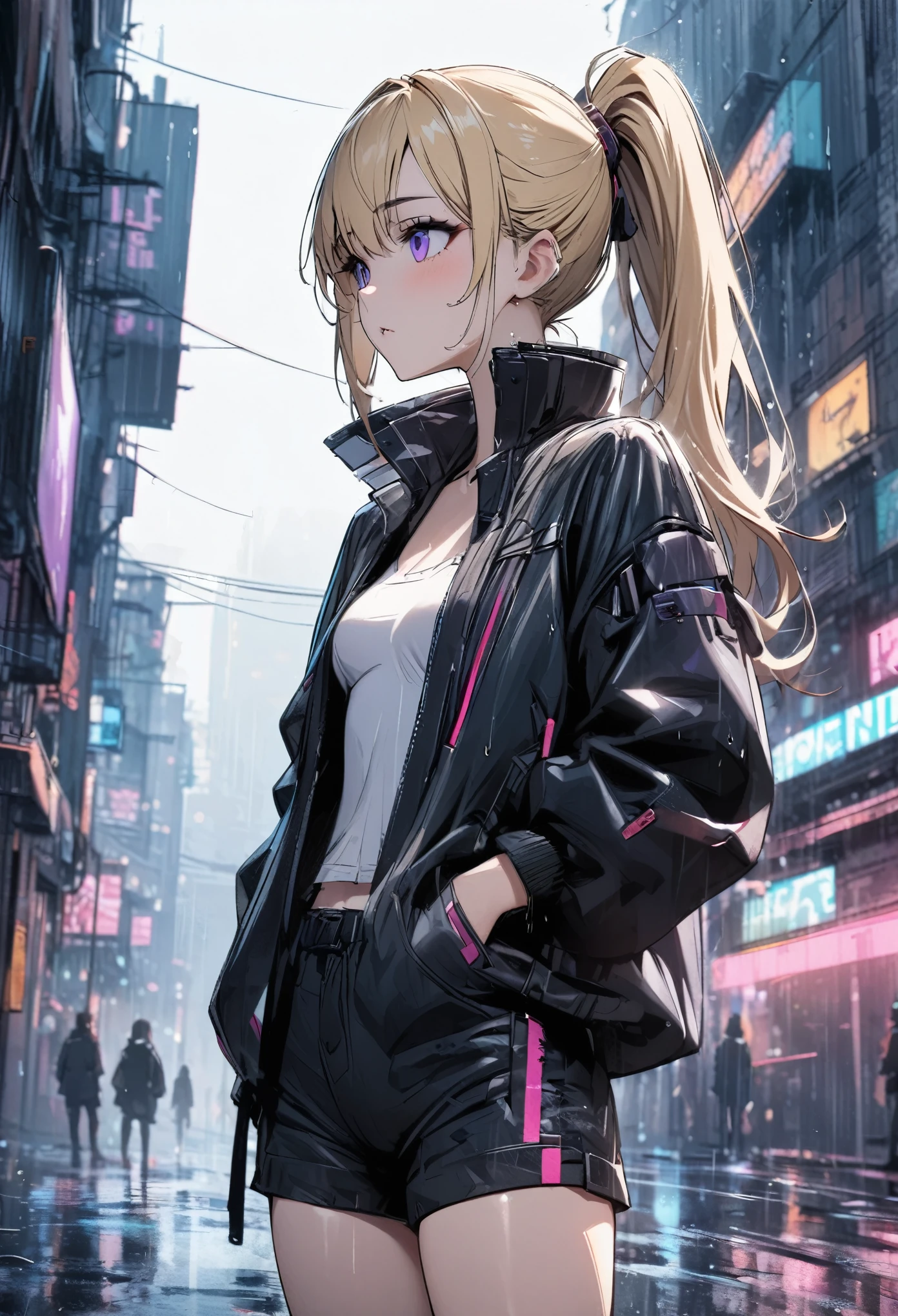 Young girl with blond hair, high ponytail, purple eyes, cyberpunk functional jacket, shorts, high quality masterpiece, rainy day