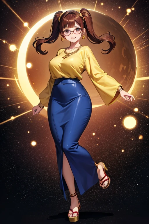 Anime Art、Full body portrait、Space SF Merchant、A curvy woman, about 165cm tall and about 34 years old, standing upright with a gold scale in one hand, wearing a blue shirt and a long skirt with a slit reaching down to her ankles、Red eyeshadow、Glasses、Laughing with mouth open、Her hairstyle is short twin tails.、2Chignon、Brown Hair、Dark Eyes、Gold earrings、Gold Necklace、Gold Bracelet、Red platform sandals