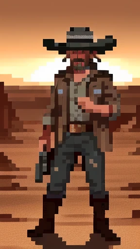 a detailed cowboy in the desert, cowboy hat, rugged cowboy clothes, cowboy boots, rugged face, intense gaze, holding a revolver, dynamic pose, dramatic lighting, desert landscape, rocky cliffs, hot sun, dusty atmosphere, cinematic composition, muted color palette, golden hour lighting, (best quality,4k,8k,highres,masterpiece:1.2),ultra-detailed,(realistic,photorealistic,photo-realistic:1.37),cinematic,dramatic,ピクセルアート