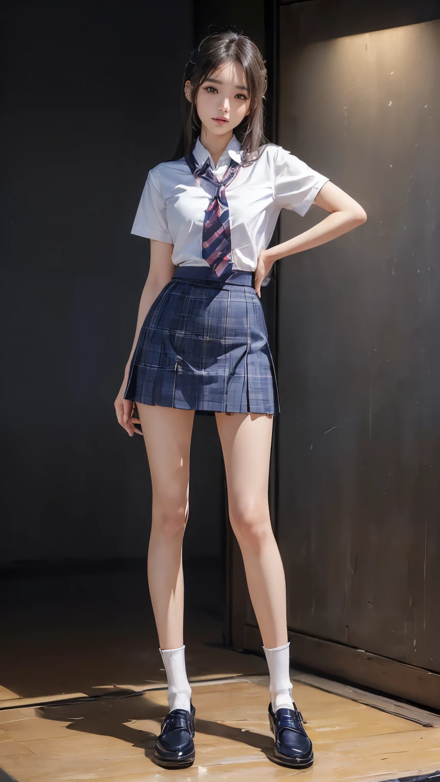 ((masterpiece)),(((最high quality))),((膝の高さからFull body shotする:1.8)),((((((脚を揃えてPlease stand up straight:1.9)))))),((Thin thighs)),((Long legs:1.5)),(((Girl standing in a school classroom:1.7))),(((Micro Mini Skirt Uniform:1.6))),((tall:1.8)),((Japanese high school girls wearing summer uniforms:1.8)),((スリムなModel body type:1.5)),((Thin legs:1.6)),((Wearing a red tie:1.2)),((Wearing a white shirt with short sleeves)),Her erect nipples are clearly visible under her clothes.,(Navy blue checked micro mini skirt:1.5),(24-years-old:1.3),bangs,A small smile,((cute女の子)),Slender girl,(Black Loafers),((short white socks up to the ankles,)),cute,The thigh area below the groin is slim and firm,cute,Black hair ponytail,Thin legs,スリムなModel body type,Very small waist,Small hips,Long thighs,Thin thighs,Thin hands,Long hands,((((下からFull body shotする:1.5)))),(((((k-popのIVEのWONYOUNGにそっくりの女の子:1.9))))),((Turn your whole body straight ahead:1.8)),((tall:1.4)),(Stand with your legs straight without bending your knees:1.7),((Please stand up straight:1.7)),((turn your hips forward:1.7)),The ankles are super thin,beauty,Fine skin,Firm Skin,引き締まったThin legsの肌を細部までリアルに再現,Very detailed, Attention to detail,high quality,Awards,High resolution,(Anatomically correct:1.3),(8k,RAW Photos,最high quality,masterpiece:1.5),(((を下からFull body shotする:1.5))),Height 173cm,((脚を揃えてPlease stand up straight:1.7)),((脚を揃えてPlease stand up straight:1.7)),(((Keep your back straight:1.8))),((Look forward:1.2)),8頭身beauty,Model body type,((Inseam is half the height:1.5)),(Thin thighs),((k-popのIVEのWONYOUNGにそっくりの女の子:1.5)),Raw photo,Firm Skin,Fine skin,Well-trained muscular legs,Attention to detail,Vivid,Skin Texture,Genuineな皮膚感,Perfect composition,beautiful,Very detailed,High chroma,Genuine,eyeliner,eye shadow,High nose,Small nostrils,Small Mouth,Seductive lips,((((White panties:1.9)))),Long legs,Thin legs,Thin thighs,Thin ankles,(((Full body shot:1.6))),((((A blackboard and desks are visible in a school classroom.:1.7)))),cute,((((beautiful girl:1.6))))