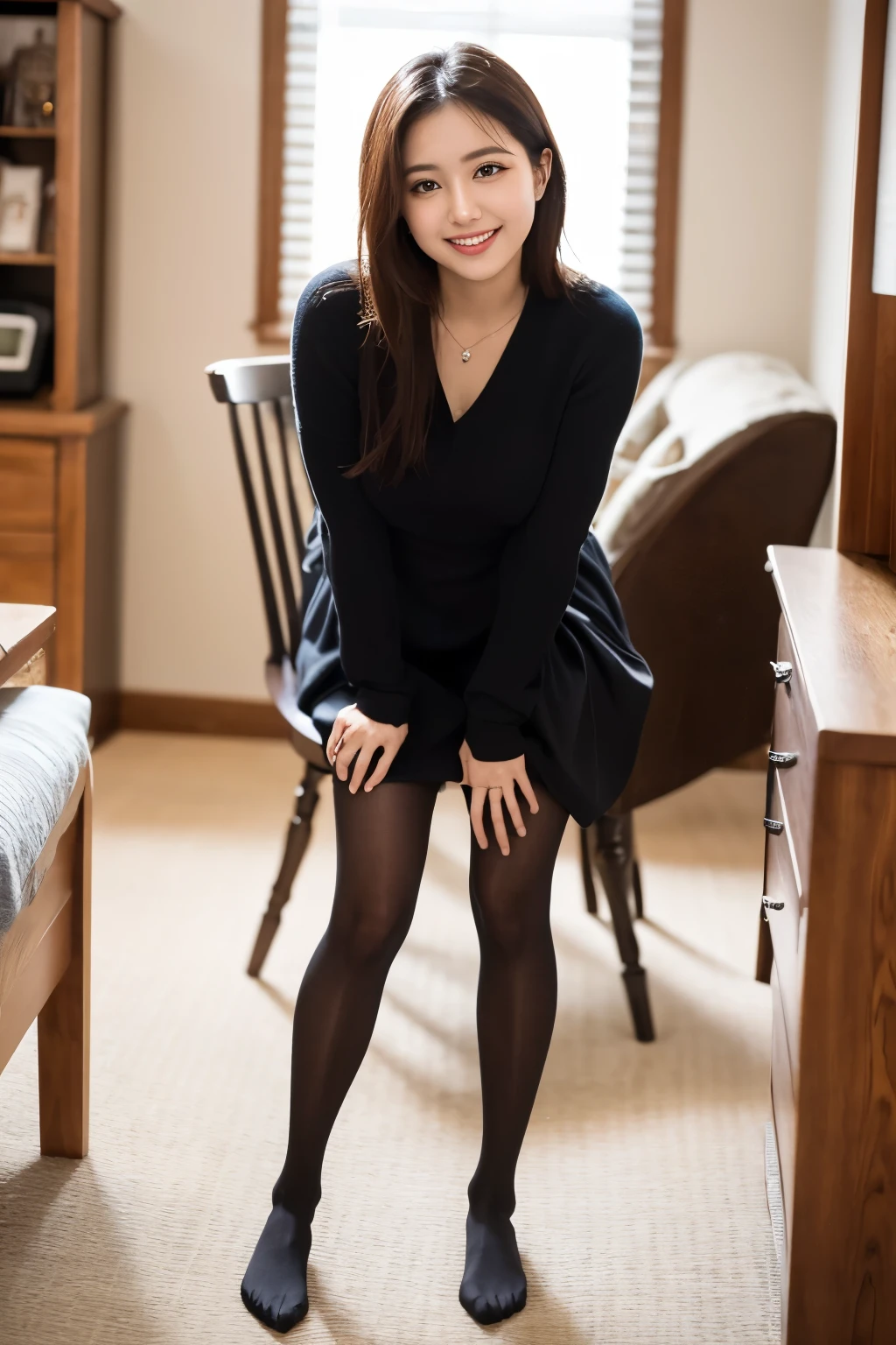ulzzang-6500-v1.1, (RAW Photos:1.2), (Realistic Photo), Beautiful girl with attention to detail, (Realistic:1.4), Beautiful eye and face with High Detail, Beautiful eye with High Detail, Japanese , , (Ultra Realistic Pantyhose:1.2), No shoes, Sit on a chair, (Ultra Realistic pantyhose:1. 2), No shoes, Toes, Sitting in a chair, Large file size, High resolution, very detailed, Highest quality, [masterpiece:1. 6], figure, very detailed, Hmph, detailed, Highest quality, 8k wallpaper, Cinema Lighting, One Girl, 17 years old, Perfect figure, cute droopy eye, beautiful big eye, eye , (( masterpiece)), Highest quality, 1 girl, eyehadow, ((Full Body Shot:1.4)), (A very loving smile:1.2),.
