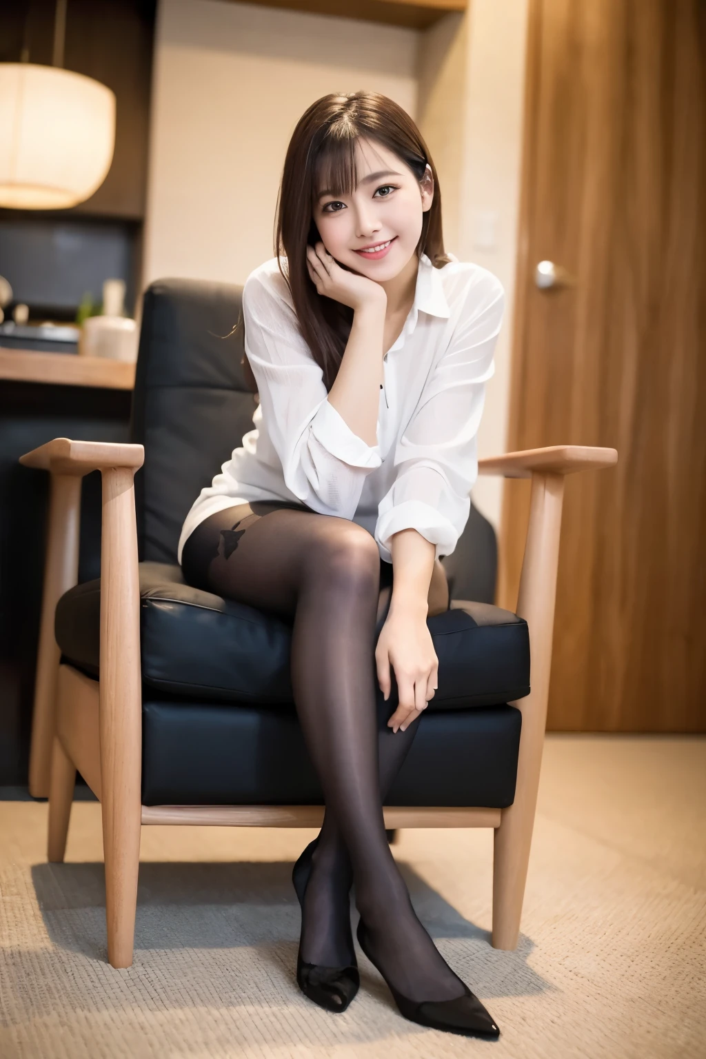 ulzzang-6500-v1.1, (RAW Photos:1.2), (Realistic Photo), Beautiful girl with attention to detail, (Realistic:1.4), Beautiful eye and face with High Detail, Beautiful eye with High Detail, Japanese , , (Ultra Realistic Pantyhose:1.2), No shoes, Sit on a chair, (Ultra Realistic pantyhose:1. 2), No shoes, Toes, Sitting in a chair, Large file size, High resolution, very detailed, Highest quality, [masterpiece:1. 6], figure, very detailed, Hmph, detailed, Highest quality, 8k wallpaper, Cinema Lighting, One Girl, 17 years old, Perfect figure, cute droopy eye, beautiful big eye, eye , (( masterpiece)), Highest quality, 1 girl, eyehadow, ((Full Body Shot:1.4)), (A very loving smile:1.2),.
