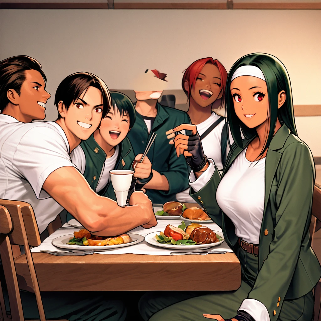 Orochikyo, Dark Skin,Red eyes,Dark green jacket, Fingerless gloves, White T-shirt, White headband, Dark green pants, White shoes, Brown belt, good looking,indoor, charm, masterpiece, High resolution, Detailed face,fine grain, Confident surprised face,School trip,Dining with friends at the accommodation,Laughing and talking
