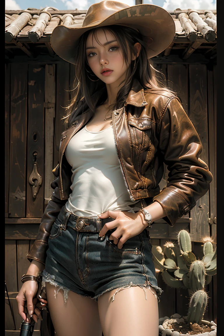 (masterpiece:1.3), (8K, Photorealsitic, Raw photography, top-quality: 1.4), (1girl in), A pretty woman with perfect figure:1.4, cute face, beautiful countenance, (Lifelike face), Beautiful hairstyle, realisticeyes, beautiful detail, (real looking skin), Beautiful skins, enticing, The ultra -The high-definition, A hyper-realistic, ighly detailed, (small tits:1.3), (cleavage of the breast:0.8)、White button-up shirt、a belt、Black leather tight skirt、Like Emily O'Hara Ratajkowski Japan, Semi-long curly hair、bangss、(Brown hair、small tits1.3)、(slim figure))、Kojiri、(small and beatiful model pose、is standing、long boots、(Modern architecture in background)、Walking、