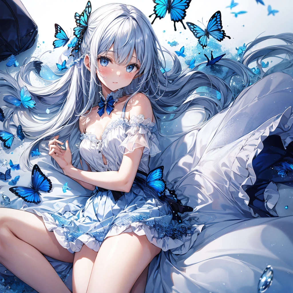 1 girl, Clear water, Blue Butterfly, Pure white gauze skirt, Sparkling