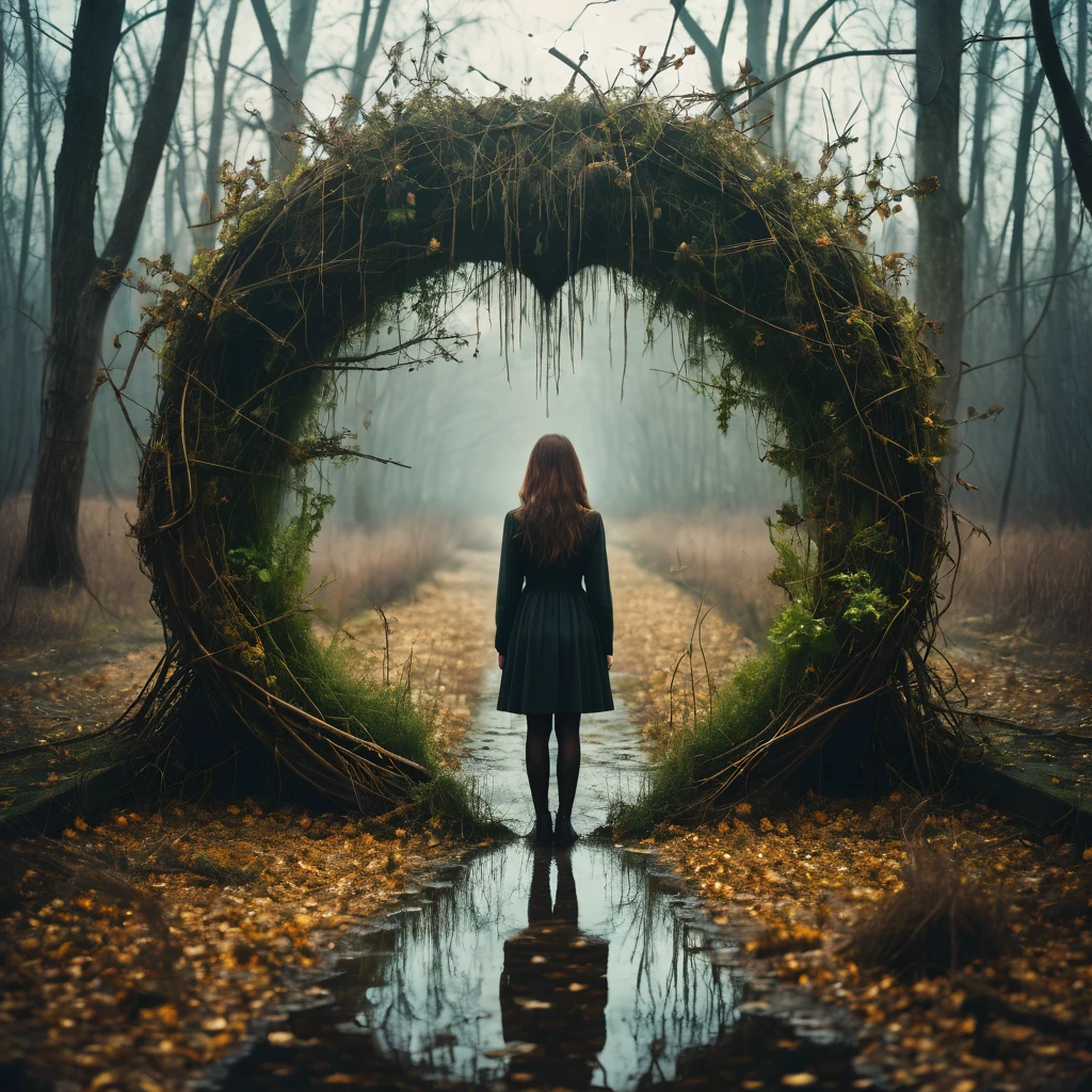 Make a dreamy mysterious horror style image, center of image symbolizing neglection, abandonation, decay, around the center symbolize love, nature and life, symbolic signs