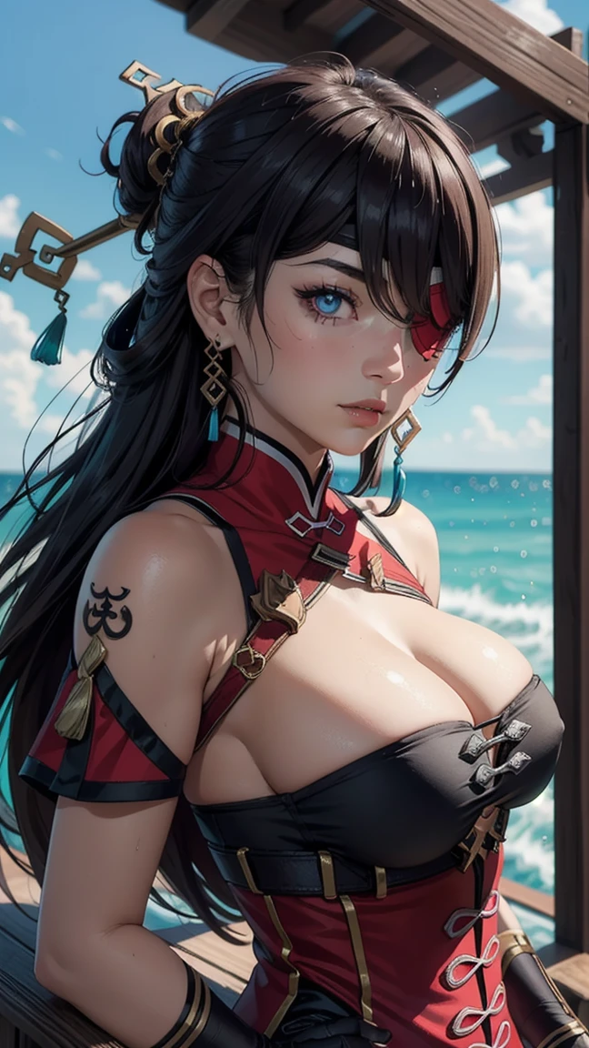 ((masterpiece)),(bestquality),((ultra-detailed)), (beautiful detailed face), depth of field,detailed,((beautiful detailed eyes)), big breast, beidoudef, eye patch, body 3:4, in a pirate boat.