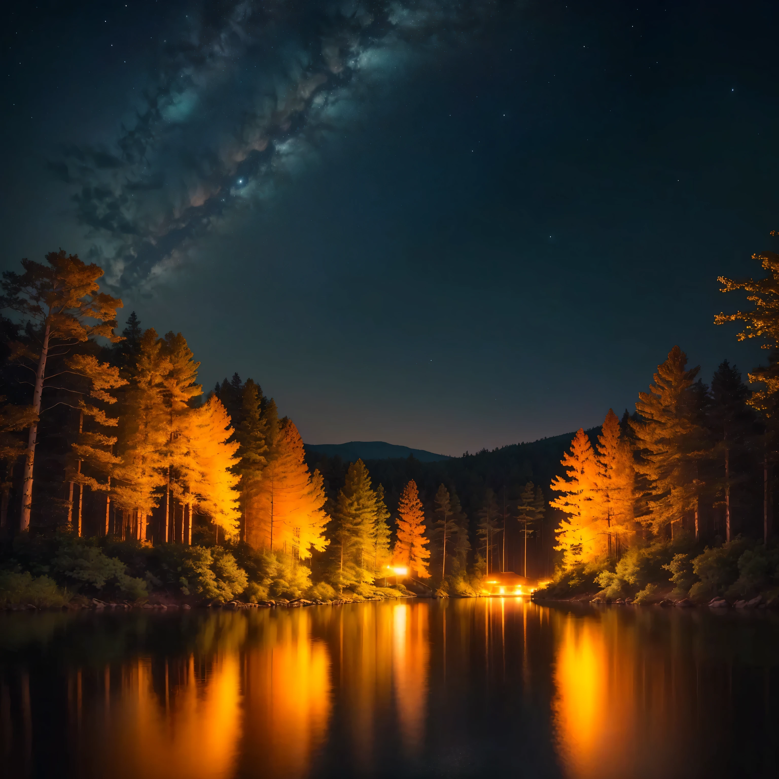night photos,Lake with forest and bright lights, nature landscape at night, night scenery, beautiful light landscape, Forest at night, Quiet forestNight view, glowing forest, night in the forest, Fire reflection, festival. night scenery, Night view, Night outdoors, Night view, Night foreground, Gorgeous and magnificent, Dream Night, night forest