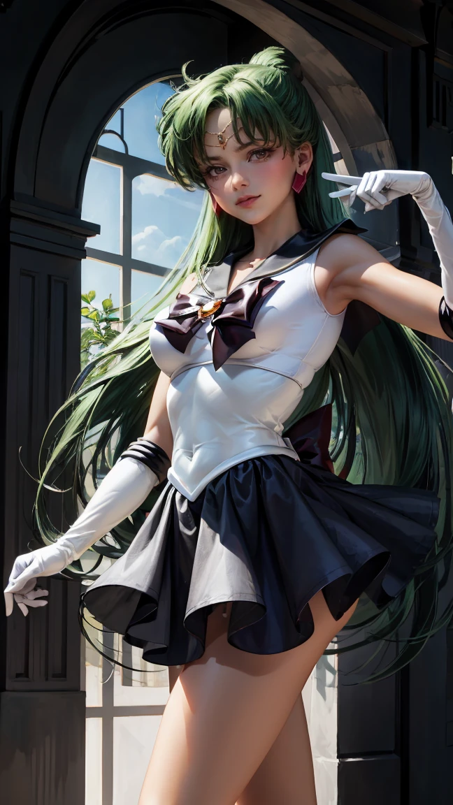 masterpiece, best quality, high resolution, 1 Girl, Solitary, Ponytail, Green Hair, (Elbow gloves), Headdress, Crimson bow, Tight top, (Black sailor collar), White gloves, earrings, Smile, Pure background, Clean background, White background, Black skirt, (Sailor Pluto), (Sailor Pluto), permanent, walk, Back, front, Looking at the camera, Dynamic poses. Leng Jun, White top, Elbow gloves, Black boots, walk on the floor