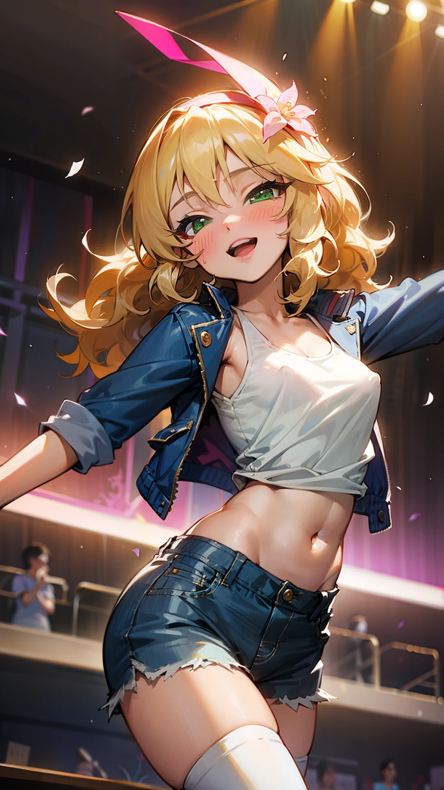 masterpiece,best quality, ultra-detailed,1girl(sakurai momoka, lovely small breasts,  glow skin, wavy hair, long hair, blonde hair, headband, pink flower in hair,green eyes, ), smile, open mouth, glow lips, head tilt, solo, blue jacket,  white tank_top,covered nipples, navel, denim short shorts, white thighhighs, in the stage, dancing, sexy dancing, Sexy waist teasing, mike grab, sing , singing 