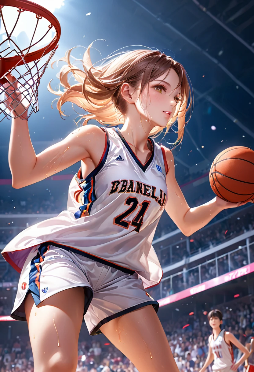 Young and beautiful woman,(Highest quality,Extremely detailed depiction,Incredible high resolution,Anatomically accurate depiction,software),(Glowing Skin,Glowing Skin,Sweat),basketballの選手,basketballのユニフォーム,basketball,Awesome dunk shot,Winning goal,background:basketballの試合中,From directly below:1.3