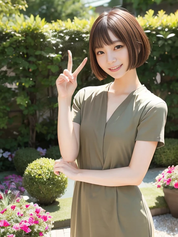 Smiling girl, (1 female), Short Bob Hair, 28 years old, Japanese, Brown eyes, Brown Hair, Slim figure, Flat Chest,
Short sleeve dress,garden,V sign