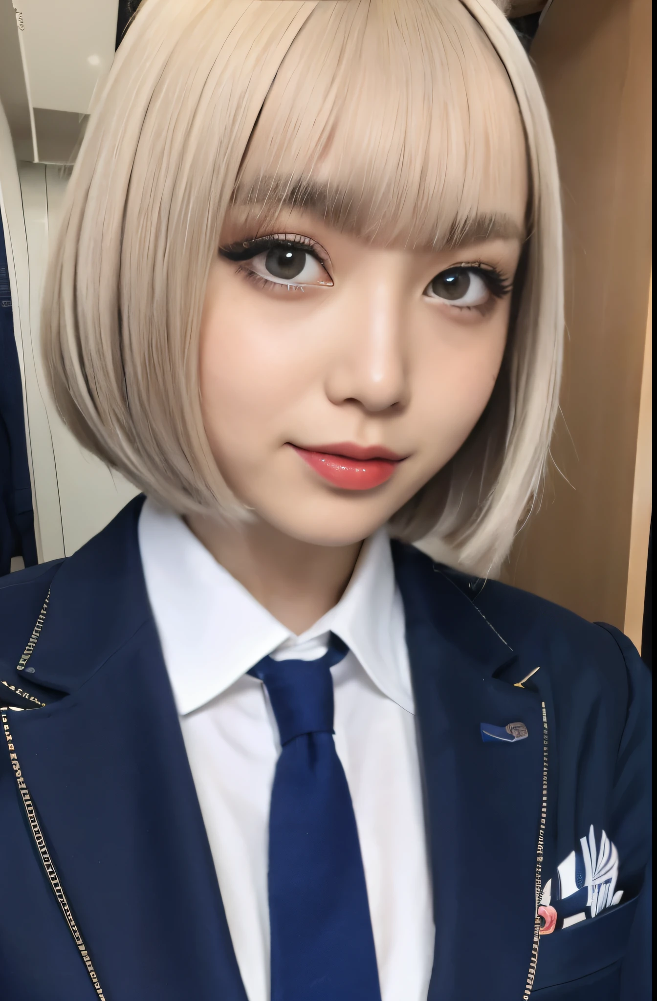 beautiful japanese girl, embodying the Shibuya gal fashion, with a bold blonde bob cut, decked in her trendy , capturing the essence of youth and rebellion --s 750 --v 6.0 --style raw