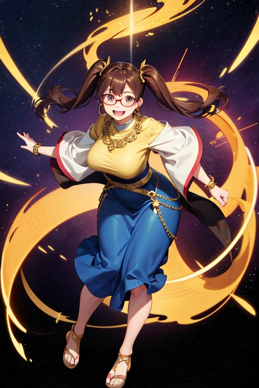 Anime Art、Full body portrait、Space SF Merchant、A curvy woman, about 165cm tall and about 34 years old, standing upright with a gold scale in one hand, wearing a blue shirt and a long skirt with a slit reaching down to her ankles、Red eyeshadow、Glasses、Laughing with mouth open、Her hairstyle is short twin tails.、2Chignon、Brown Hair、Dark Eyes、Gold earrings、Gold Necklace、Gold Bracelet、Red platform sandals