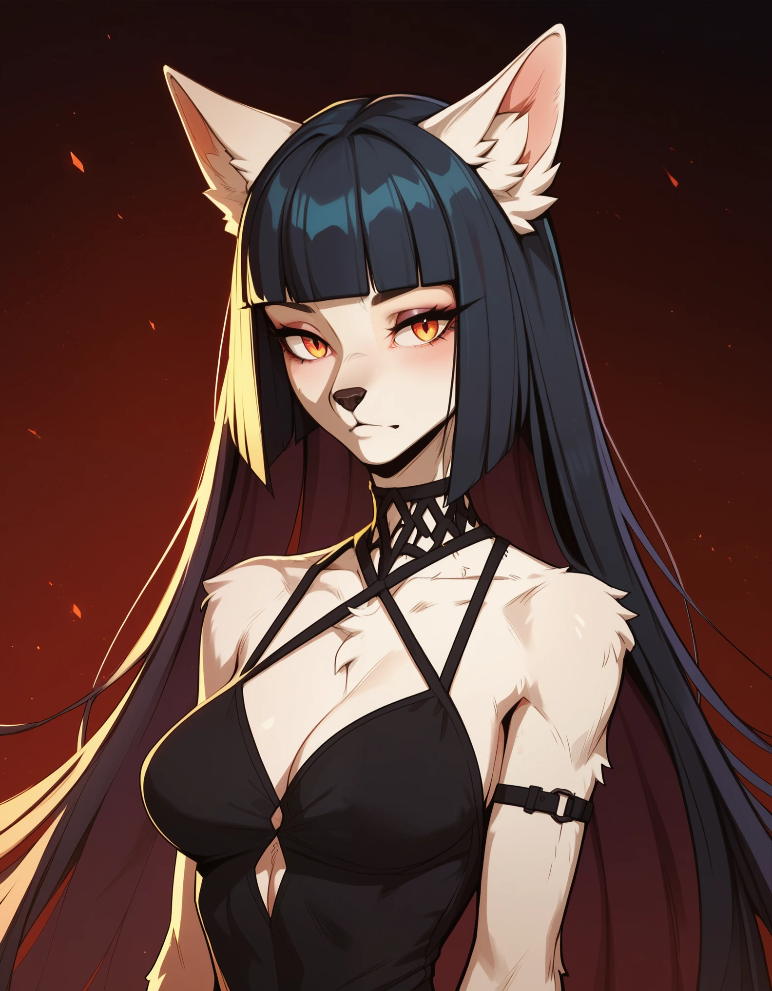 1girl, anthro, furry, fur, fluffy fur, Wolf girl, hime-cut, sleek black dress, score_9, score_8_up, score_7_up, score_6_up, score_5_up, score_4_up