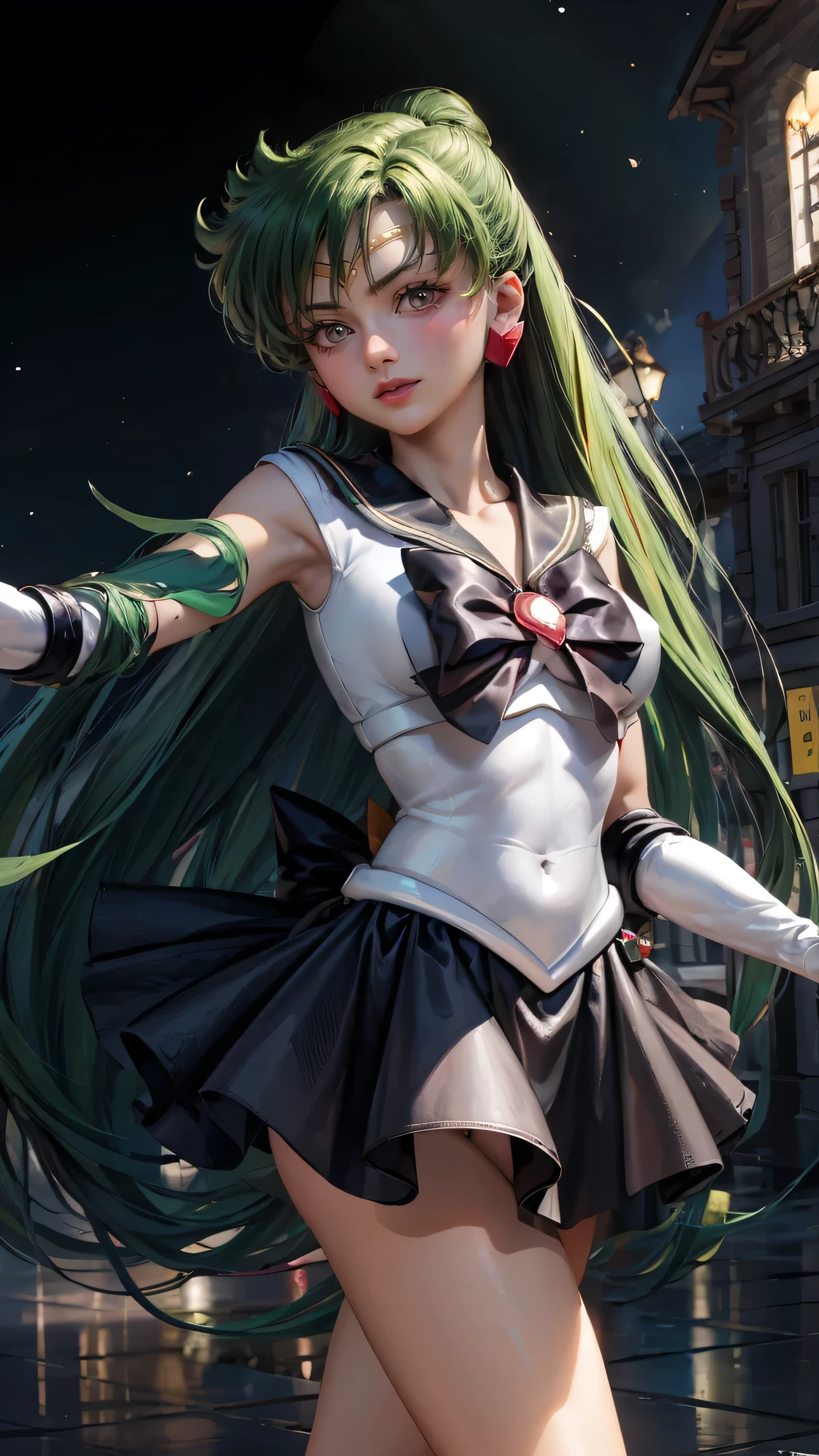 masterpiece, best quality, high resolution, 1 Girl, Solitary, Ponytail, Green Hair, (Elbow gloves), Headdress, Crimson bow, Tight top, (Black sailor collar), White gloves, earrings, Smile, Pure background, Clean background, White background, Black skirt, (Sailor Pluto), (Sailor Pluto), permanent, walk, Back, front, Looking at the camera, Dynamic poses. Leng Jun, White top, Elbow gloves, Black boots, walk on the floor