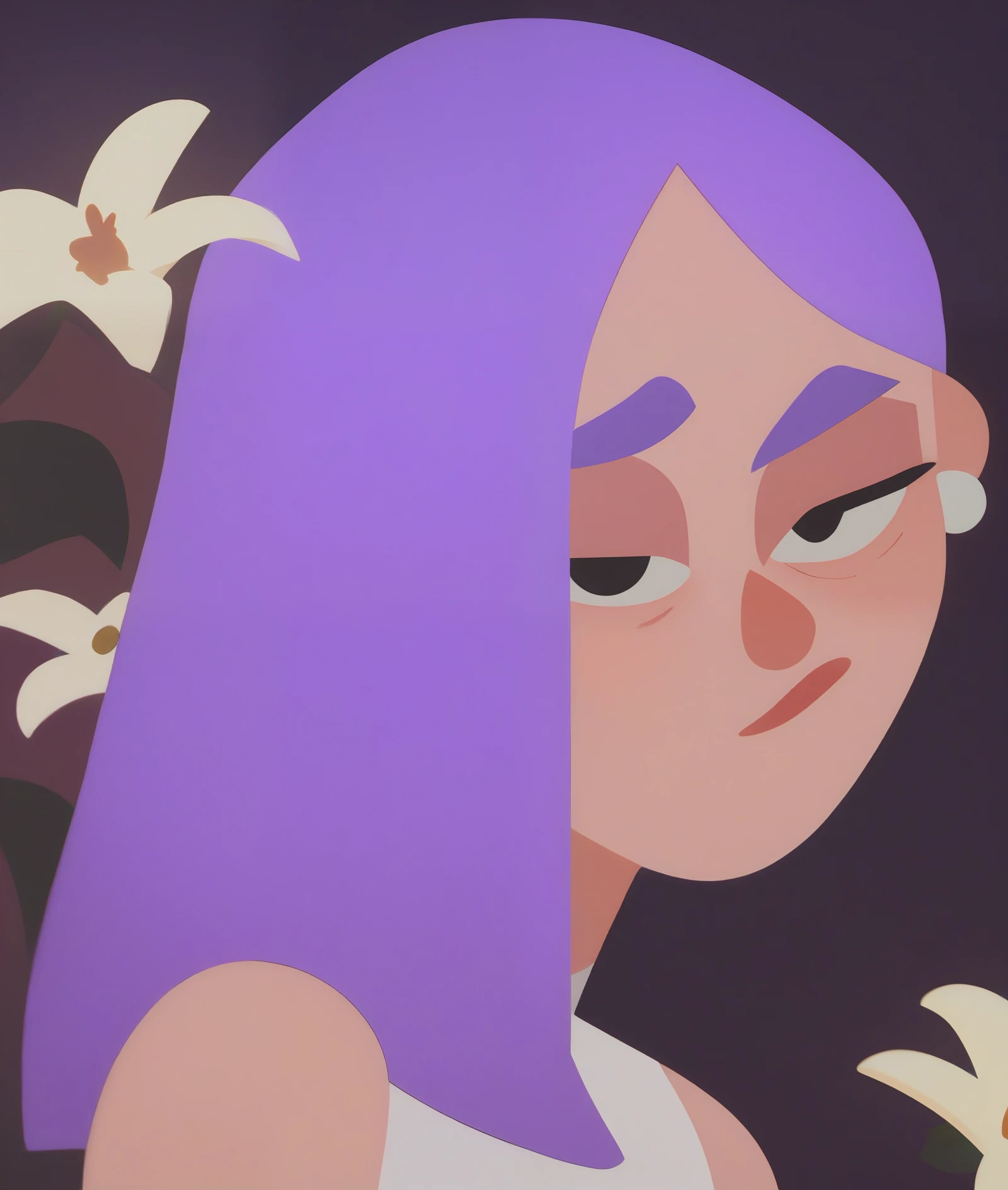 score_9, score_8_up, score_7_up, score_6_up, 1girl, solo, sexy, Lily, LilyDuolingo, girl, light purple hair, hair over one eye, purple nails, thin body, , Girl with a Pearl Earring,
(vector art:0.5) dramatic lighting,