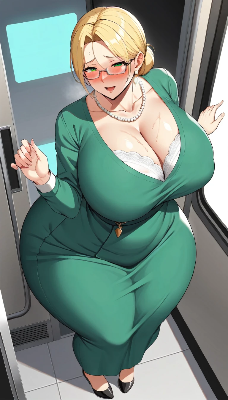 (POV from above), (Best quality: 1.5), (masterpiece: 1.5), (2.5D), (vivid colors), (1 character), (exaggerated proportions), (hentai), (perfect anatomy), ( character in center), (absurd), (4k wallpaper), (detailed eyes), (perfect hands), (perfect fingers), (beautiful skin), (glowing skin), (perfect shadows), (perfect lighting ), (full body), (beautiful eyes), (masterpiece), (voluptuous body ), (pretty face), milf adult woman, blonde hair with low and slightly disheveled ponytail, green eyes, wears glasses, wears a dress up the knee with long lace sleeves fitted at the waist and with a moderate V neckline, blushing and nervous expression, mature milf face, huge breasts, huge thighs, huge butt, voluptuous body, good proportions, she is standing on a train and a man hugs her from behind