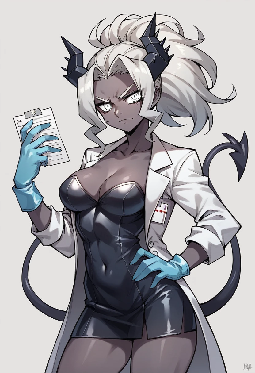 1girl, judgement \(helltaker\), ((blue medical gloves)), ((surgical gloves)), ((latex gloves)), ((long sleeves)), looking at viewer, ((white doctor outfit)), standing, solo