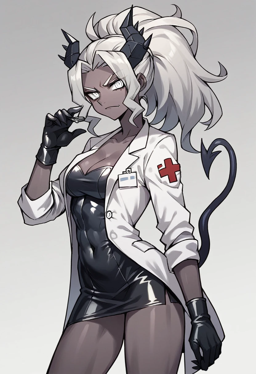 1girl, judgement \(helltaker\), ((blue medical gloves)), ((surgical gloves)), ((latex gloves)), ((long sleeves)), looking at viewer, ((white doctor outfit)), standing, solo