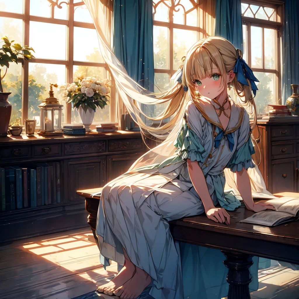 ((masterpiece,Highest quality, High resolution)), One girl, alone, Green Eyes, Long blonde hair tied with a blue ribbon, Blunt bangs, Sitting, Arms folded on the table, Sleep arm in arm, , White Seraphim, Red Sailor Collar, Short sleeve, White pleated skirt, (In the library), Dramatic Light, Next to the window, afternoon light through the window, afternoon, Bokeh effect