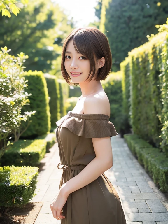 Smiling girl, (1 female), Short Bob Hair, 28 years old, Japanese, Brown eyes, Brown Hair, Slim figure, Moderate breasts, 
Off-the-shoulder dress,garden,V sign