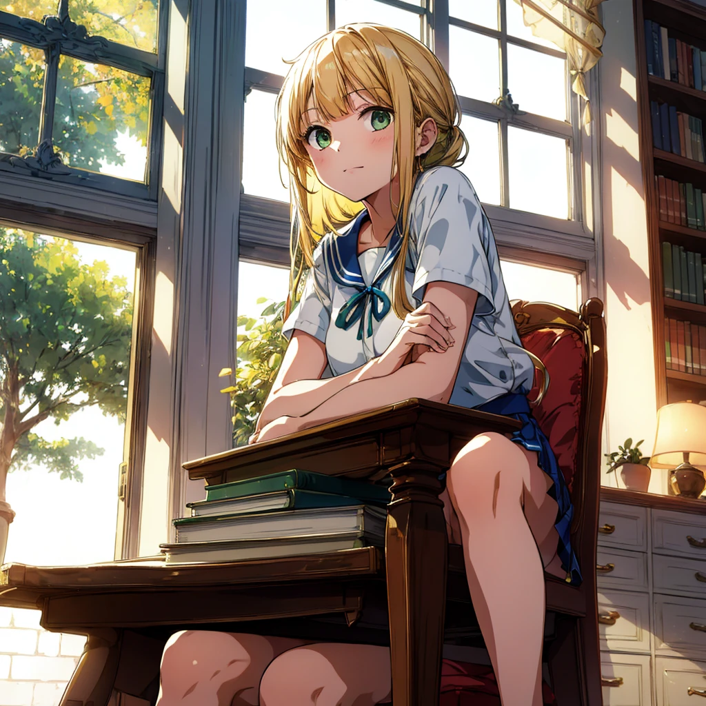 ((masterpiece,Highest quality, High resolution)), One girl, alone, Green Eyes, Long blonde hair tied with a blue ribbon, Blunt bangs, Sitting, Arms folded on the table, Sleep arm in arm, , White Seraphim, Red Sailor Collar, Short sleeve, White pleated skirt, (In the library), Dramatic Light, Next to the window, afternoon light through the window, afternoon, Bokeh effect
