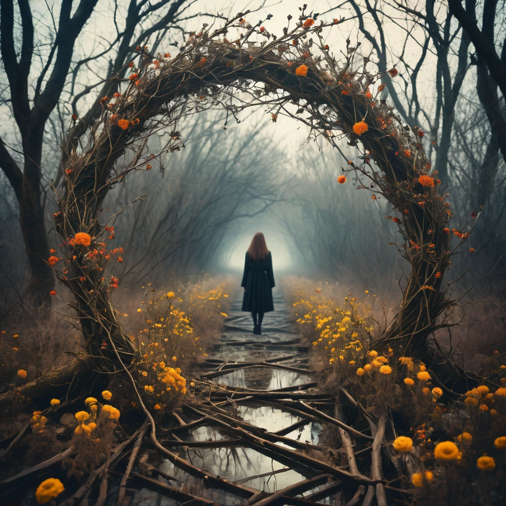 Make a dreamy mysterious horror style image, center of image symbolizing neglection, abandonation, decay, around the center symbolize nature and life, symbolic signs made from branches and flowers