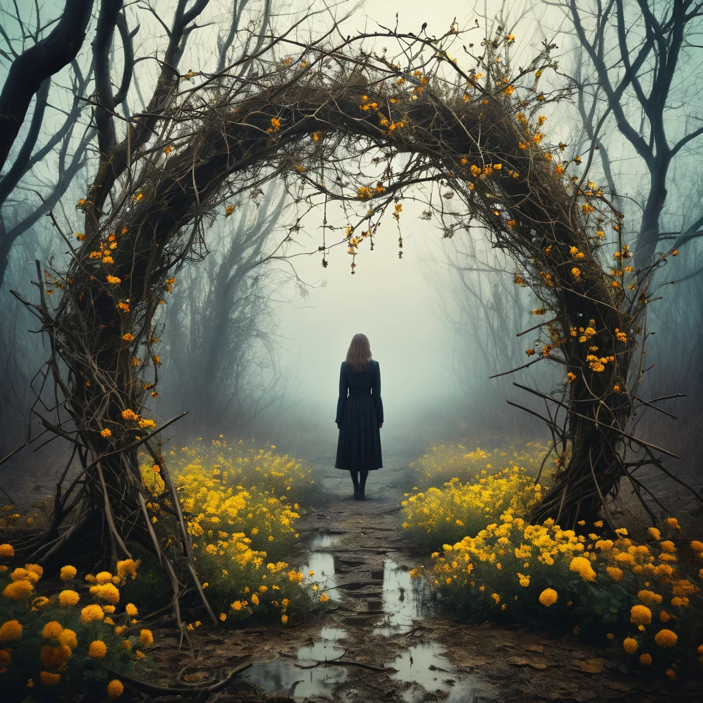 Make a dreamy mysterious horror style image, center of image symbolizing neglection, abandonation, decay, around the center symbolize nature and life, symbolic signs made from branches and flowers
