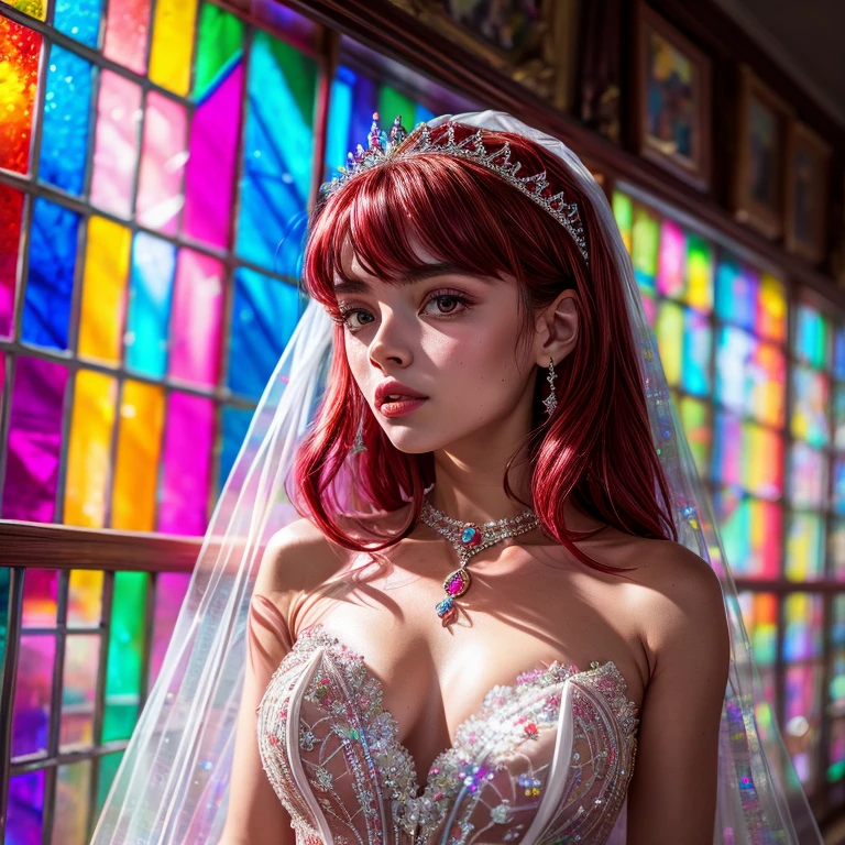 RubyRed, ZoomedOut ZoomLayer TopQuality 8K masterpiece of ((Professional photo)), (((Lady Clarisse de Cagliostro))) (Detailed White WeddingDresses), ChainTiara, Extremely detailed KAWAII face, The background is distant (Elaborate colorful stained glass) Rainbow Glass, MysticSight, GodRays, Radiant PearlSkin with Transparency, (Exposed:0.32)