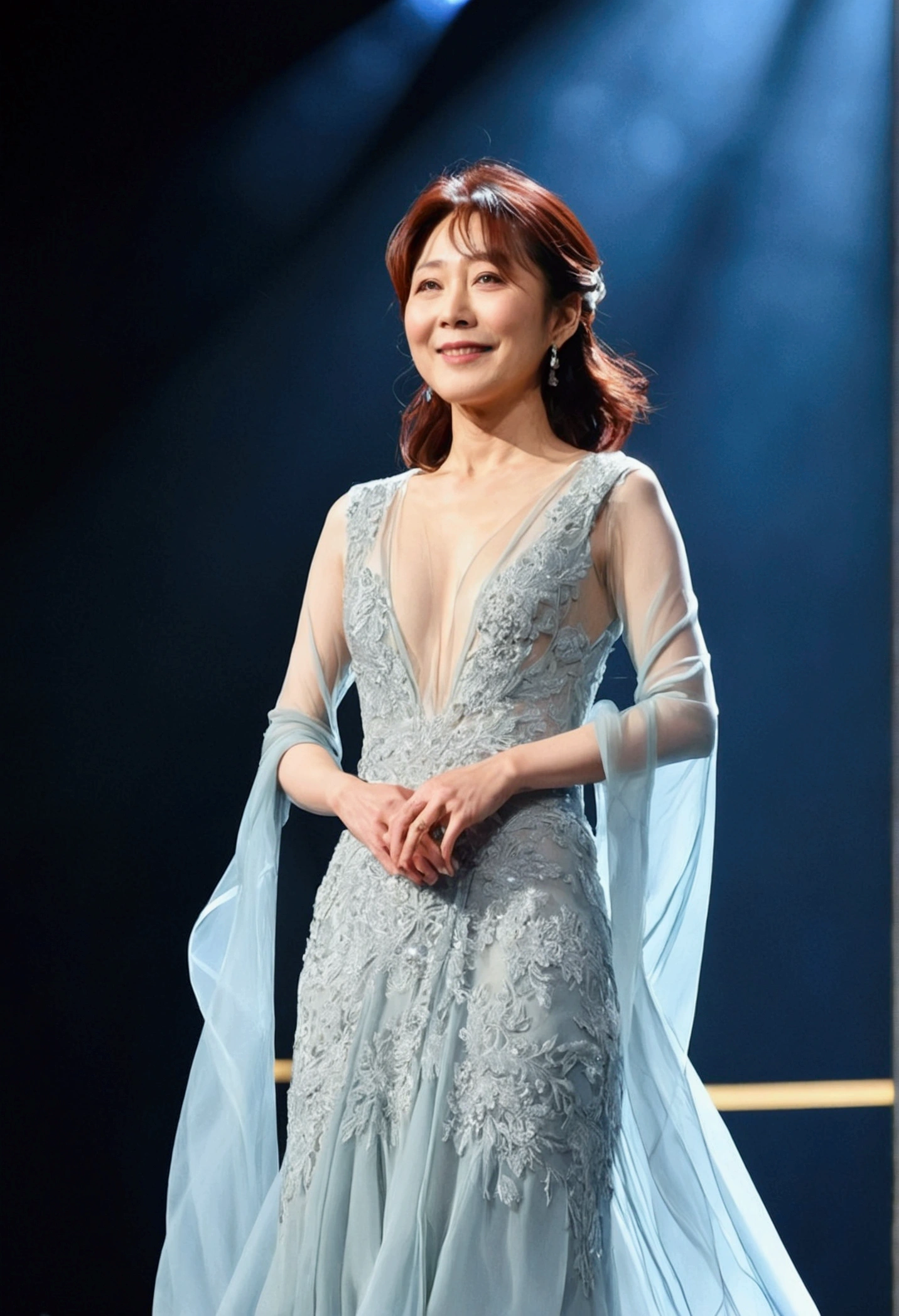 Japanese actress Ryoko Yonekura wearing a luxury brand miling on stage、whole body