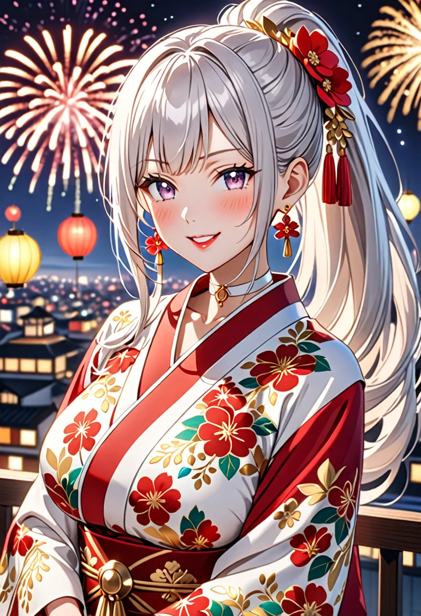 ((One personの女性)), Beautiful Face, ((Looking Outside:1.5)),Laugh shyly,((Wink:1.9)),Laugh with your mouth wide open((Bright red cheeks:1.4)),Shiny red lips,night,rooftop,Festive decorations,You can see the ocean, firework,Laughing with your mouth open,Glossy pink lips,Facial lighting,((Anime style background)),masterpiece, Highest quality, so beautiful,up to date, Complex details, (Pink long nails),(ring),(bracelet),(choker),AI-generated, Complex,High resolution, Highest quality, super high quality,3D Images、3D Images,One person,Long white hair,High Ponytail,(blue eyes),Anime woman posing for a photo, ((fine grain、Silver-white colorful eyes、Shining Eyes:1.4)),(Squint your eyes:1.1),a hyperRealistic , hyperRealistic , Realistic,Anime woman with long white hair, Smooth anime CG art, A woman in a colorful kimono with gold embroidery, (black furisode),Red floral pattern,Long flower hair ornament,Big earrings,Mature Body,(Big Breasts:1.1),expensive,Abdominal muscles,Tight waist,(Zoom in on face:1.7),Shooting from diagonally below