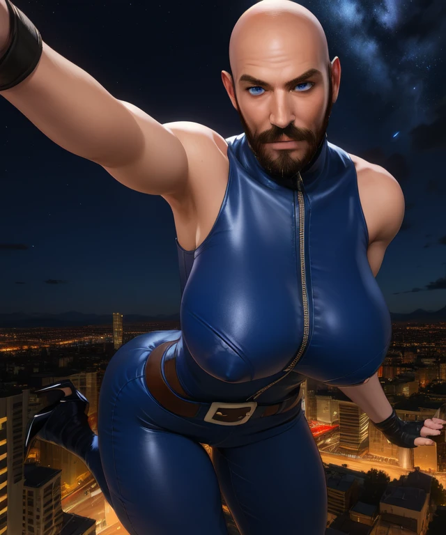 old man,bald, fake mustache, big mustache, beard, big beard,blue eyes, pushed up breasts, floating hair, huge breast,
blue bodysuit,belt,sleeveless,zipper,fingerless gloves, high heels, tight blue bodysuit, bodysuit,
standing,upper body,
night sky,stars,city.,
(insanely detailed, beautiful detailed face, best quality,