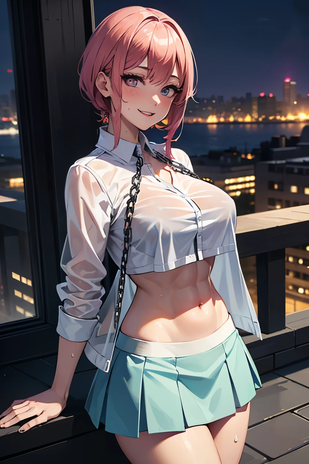 Best quality, best resolution, detailed depiction, delicate depiction, diverse lighting, female model body, rainbow hair, cyberpunk edge liner, American casual, European  style, fashion, motion blur, anti-aliasing, photorealistic, ray tracing, London cityscape, detailed background, sweaty, sweat splashing, breast bulge, translucent white skin, twin cut, (skirt flip, white cotton underwear, skirt flip) beautiful thighs, chain, delicately drawn face, beautiful face, thin and thin eyebrows, round chin, see-through costume, big mouth, white shirt, gentle smile, blush, ahegao, strong gloss, skin-transparent jacket, faithful depiction, rainbow costume, slim abs, rainbow eyes, best quality, two shirt buttons undone, masterpiece, ultra A high resolution, photorealistic, best quality, 8K, perfect body beauty, beautiful woman with slim abs,