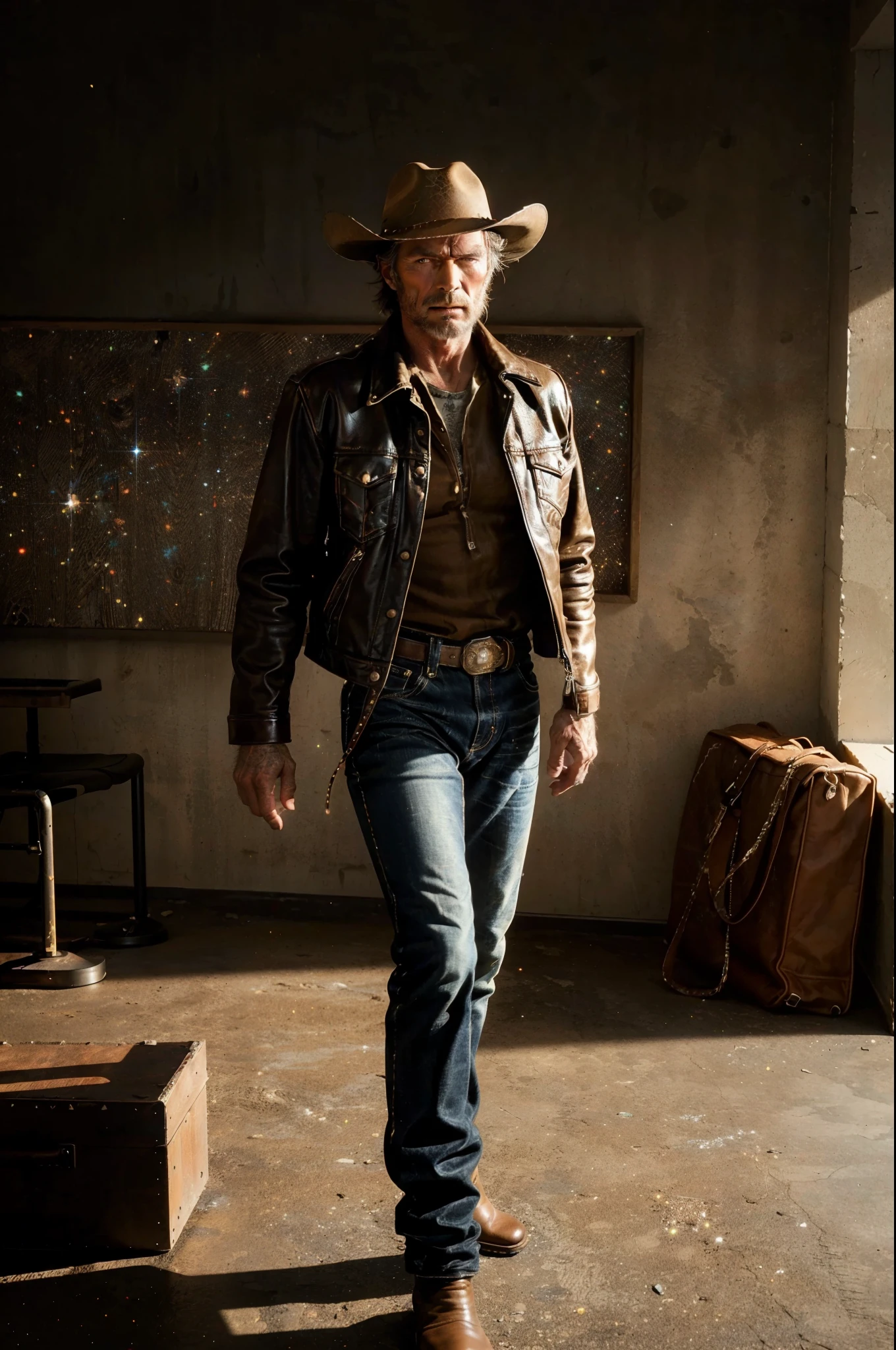 a rugged cowboy with short hair, clint eastwood, old west, retro style, cowboy hat, leather jacket, jeans, cowboy boots, dusty, gritty, sepia toned, cinematic lighting, dynamic pose, ambience shadow, (best quality,4k,8k,highres,masterpiece:1.2),cinematic composition,cinematic lighting,dramatic contrast, glitter sky