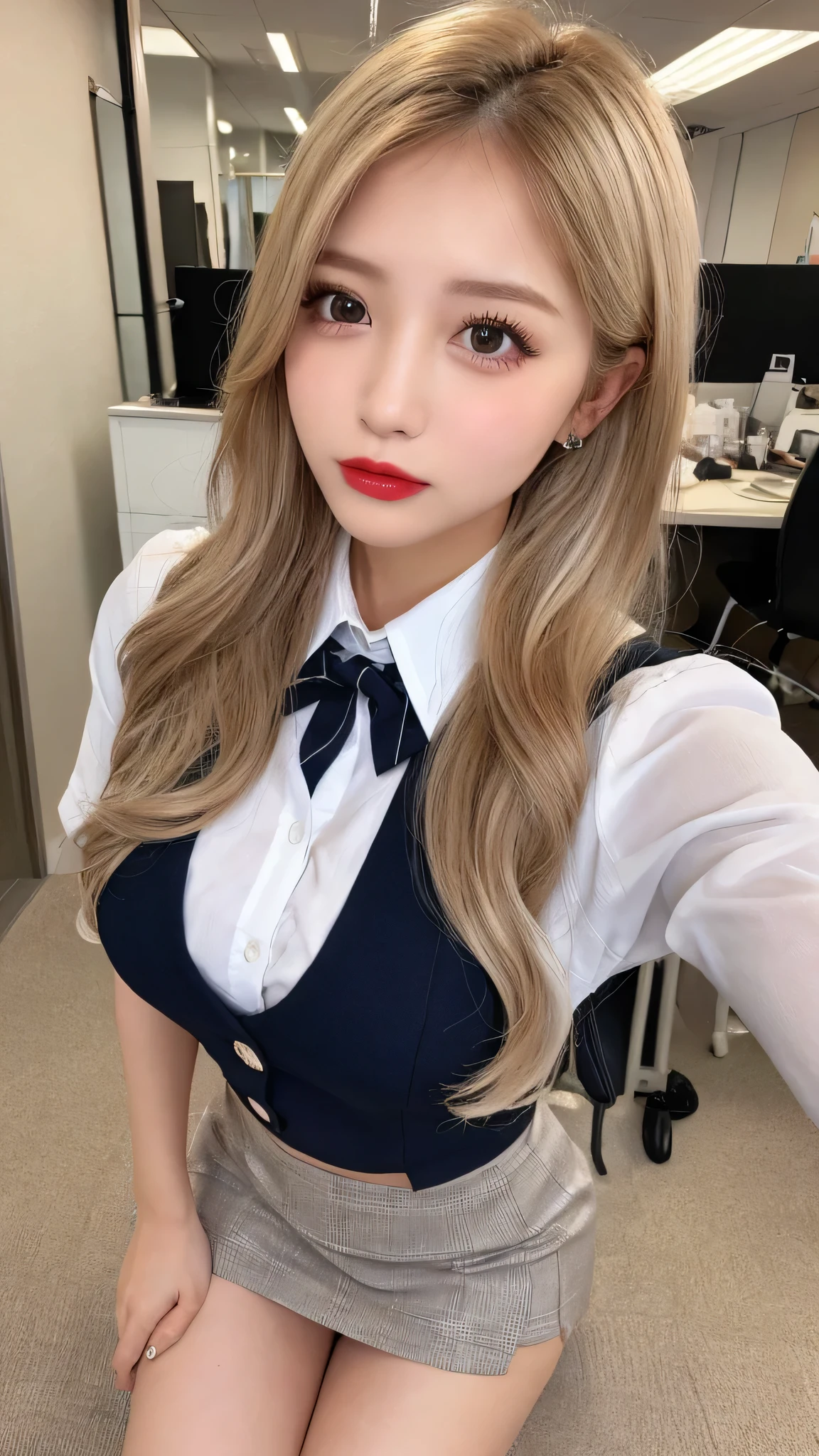 High resolution、blondeヘア、girl、Light Hair Color、Tanned hair、sexy、blonde、Thin legs、Beautiful eyelashes、Zoom out、20-year-old、 Wide viewing angles、Highest quality、Very detailed、Finer details、High resolution、8k wallpaper、Beautiful eyes in every detail、Natural lip color、long hair、wave hair、Cute face、Small face、looking at the camera、Accentuate your breasts、office lady suit、mini skirt、collared white shirt、office、Unbutton、Nipples become erect