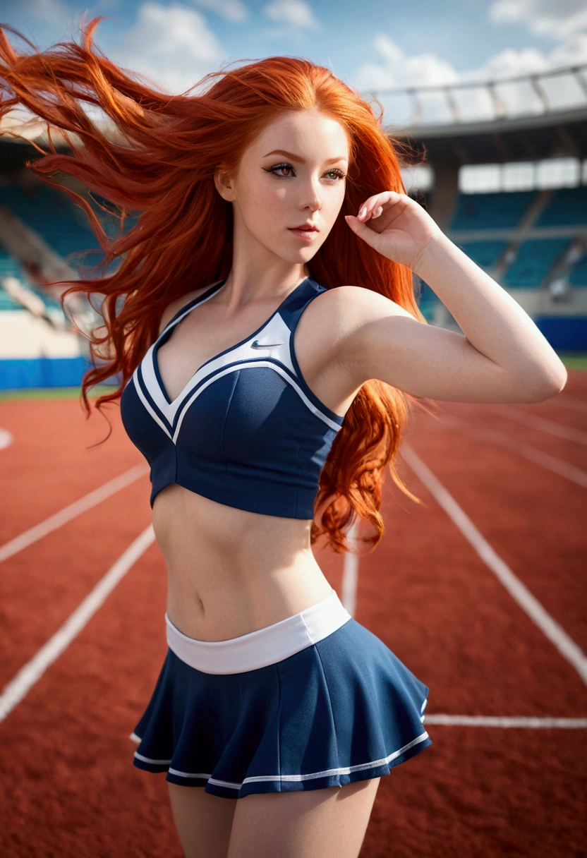ultra realistic, photography, long red hair, girl, 24 years old, hourglass figure, perfect body, Flirty look, extremely detailed artgerm, in the style artgerm, small breasts, facing the camera, lens 35 mm, blur background, in a stadium, wearing a cheerleader outfit, windy, skirt gets blown up from below, wind under skirt, strong wind, skirt blows up with a strong wind, wind blows up skirt, hips swinging
