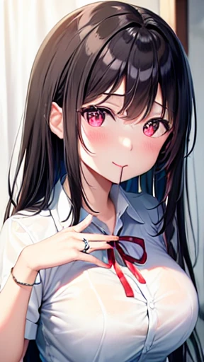 (masterpiece), (High resolution), (Highest quality), One girl, smile, blush, neck ribbon, View your viewers, ribbon, (Ring on right ring finger), shirt, Long Hair, bangs, Hand in hand, jewelry, Mouth closed, collared shirt, No sleeve、Big Breasts、Black Hair