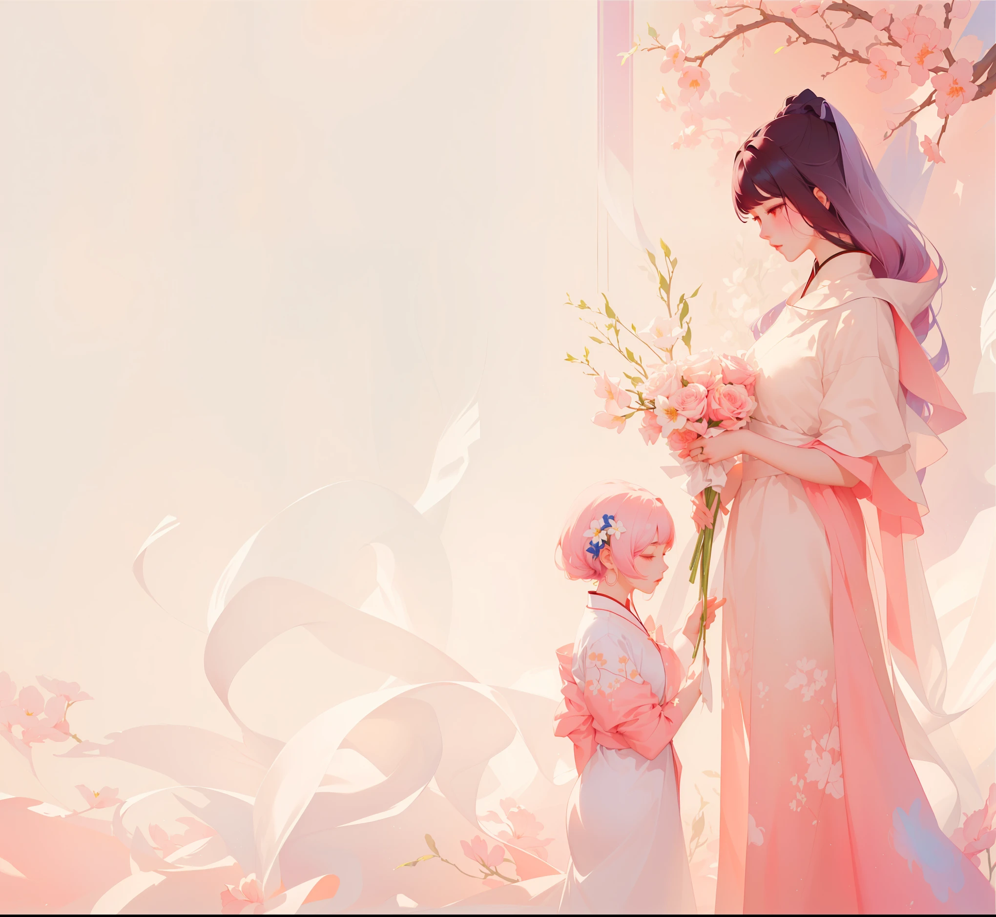 (masterpiece, top quality, best quality, Extremely detailed details, official art, Light Effect, Beauty and aesthetics: 1.2,)Painting of a mother and her daughter among flowers, inspired author Hsiao-Ron Cheng, inspired by Yanjun Cheng, guweiz style artwork, Pastel style, Elegant Numbers, yanjun chengt, by Yanjun Cheng, author:Cold plum, author Hsiao-Ron Cheng, Beautiful digital illustrations