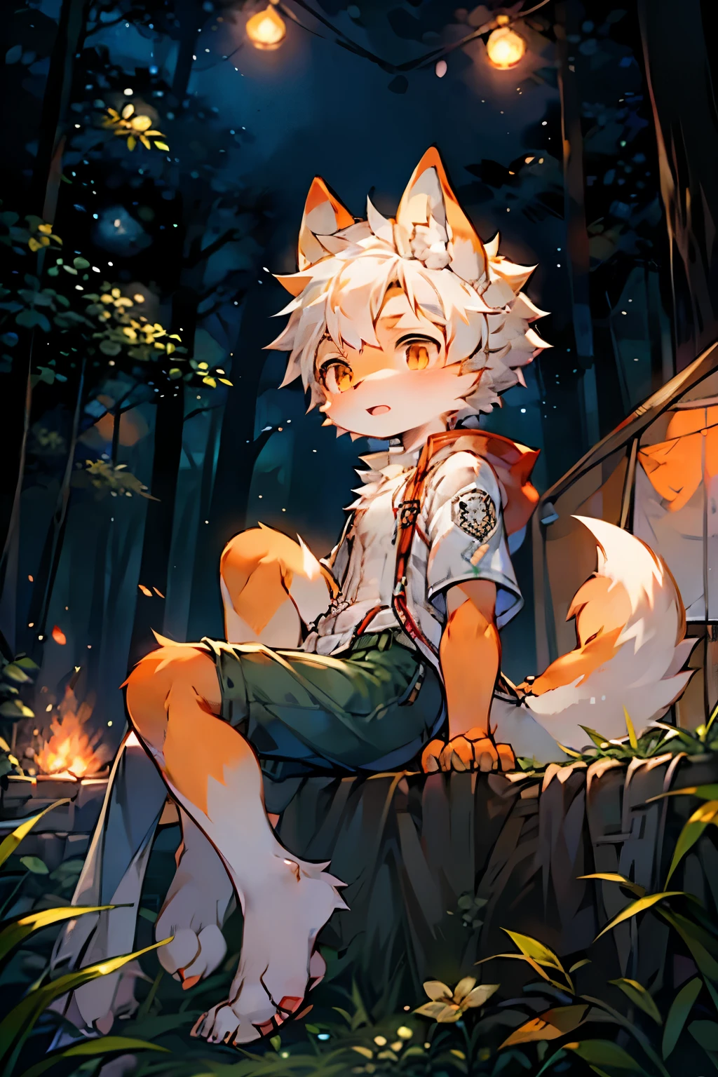 Forest bright background,Fox Boy,Furry boys,Infant and child characteristics,Orange Skin,White hair,White Arm,Brave Suit,shorts,camping