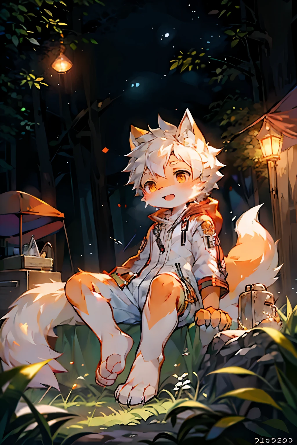Forest bright background,Fox Boy,Furry boys,Infant and child characteristics,Orange Skin,White hair,White Arm,Brave Suit,shorts,camping