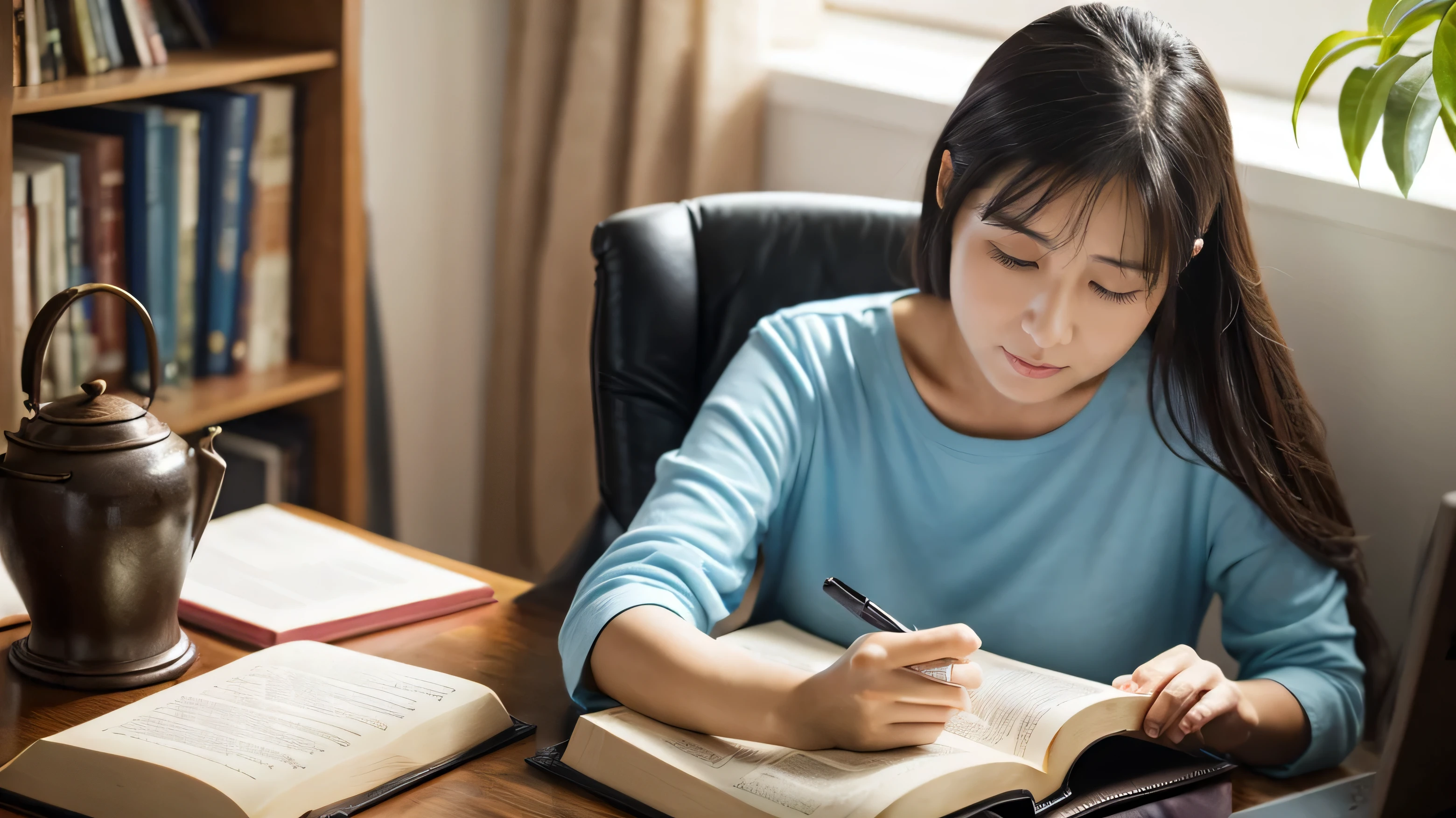 A middle-aged woman sitting in a chair studying the Bible、Study、high resolution