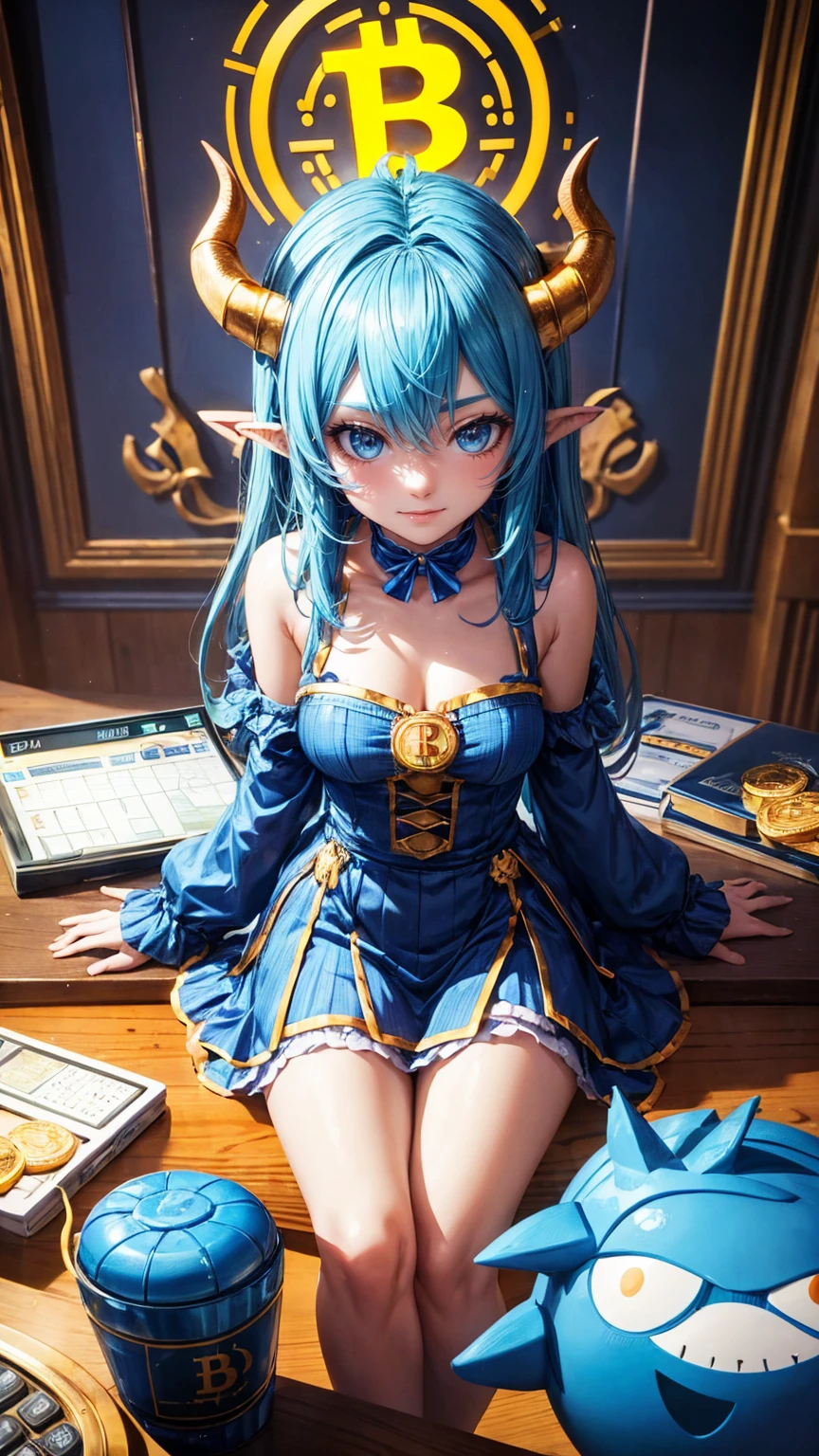 A cute blue monster girl with horns is sitting at a table in front of him. There is an calculator and gold coins around, with a bitcoin logo floating above his head and red fire behind. Yellow lights are on top, in a 3D cartoon style.