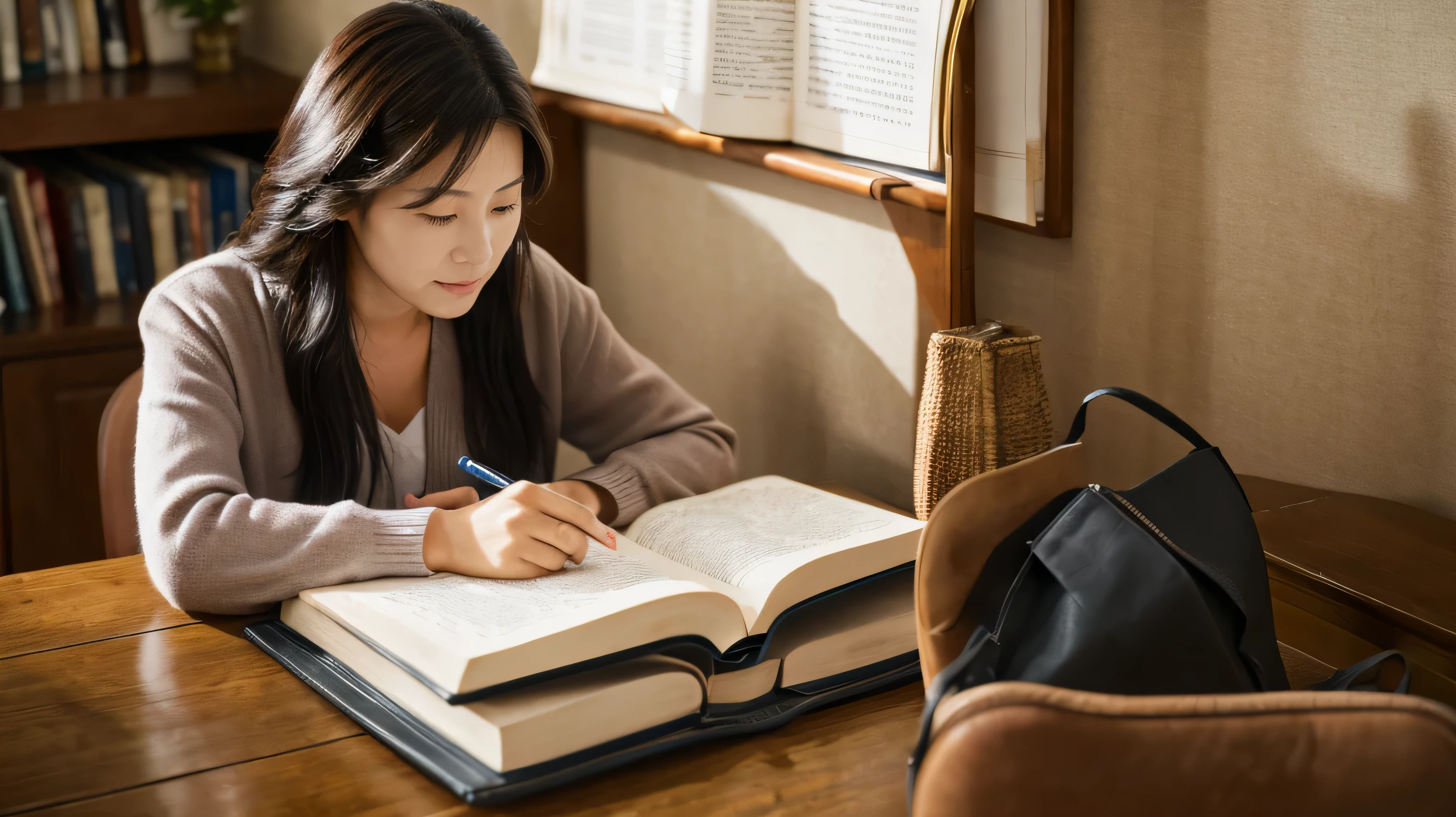 A middle-aged woman sitting in a chair studying the Bible、Study、high resolution